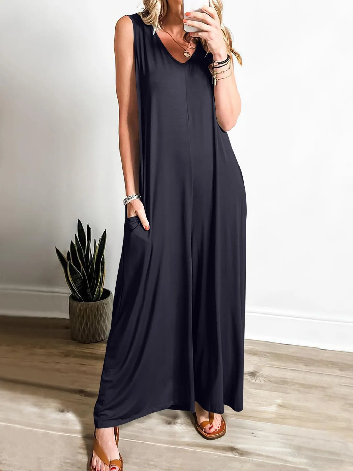 Sleeveless V - Neck Jumpsuit with Pockets - Goddess Vibes