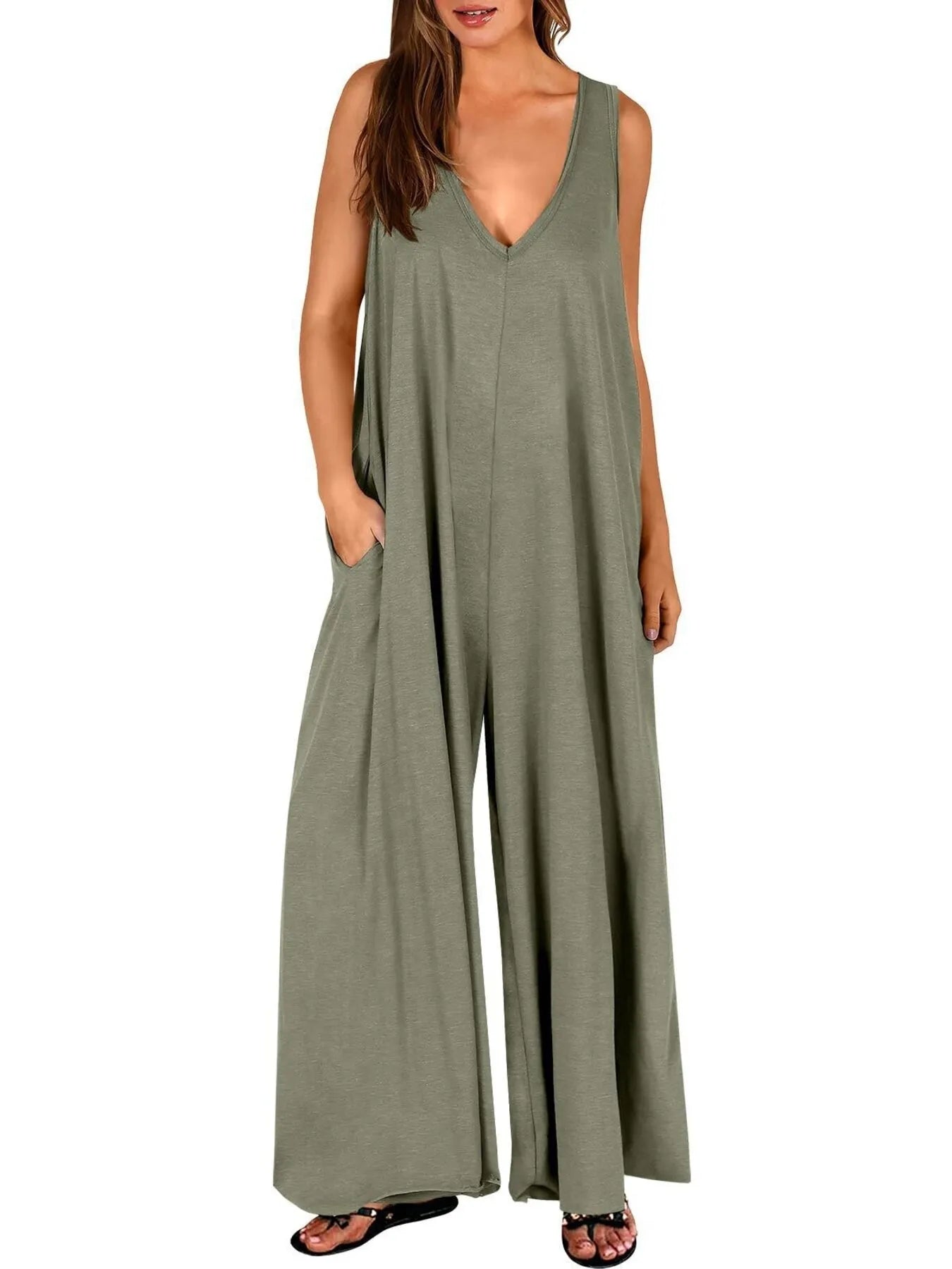 Sleeveless V - Neck Jumpsuit with Pockets - Goddess Vibes