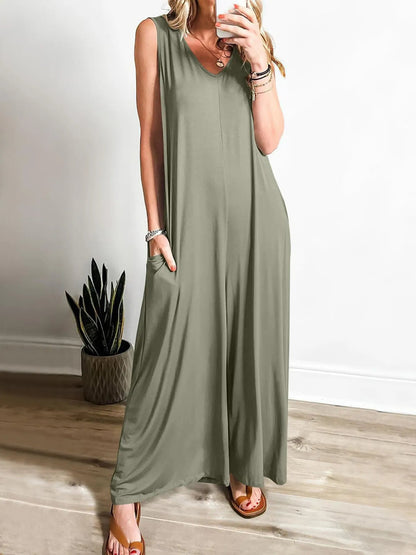 Sleeveless V - Neck Jumpsuit with Pockets - Goddess Vibes
