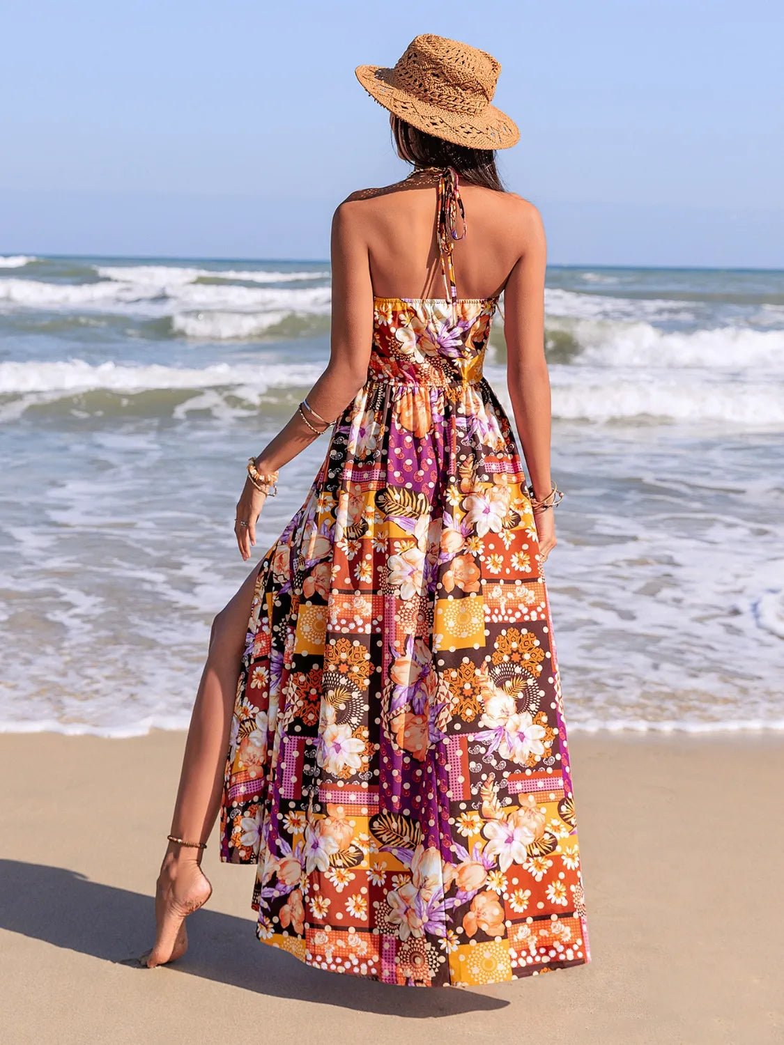 Slit Printed Halter Neck Cami Dress - Goddess Vibes