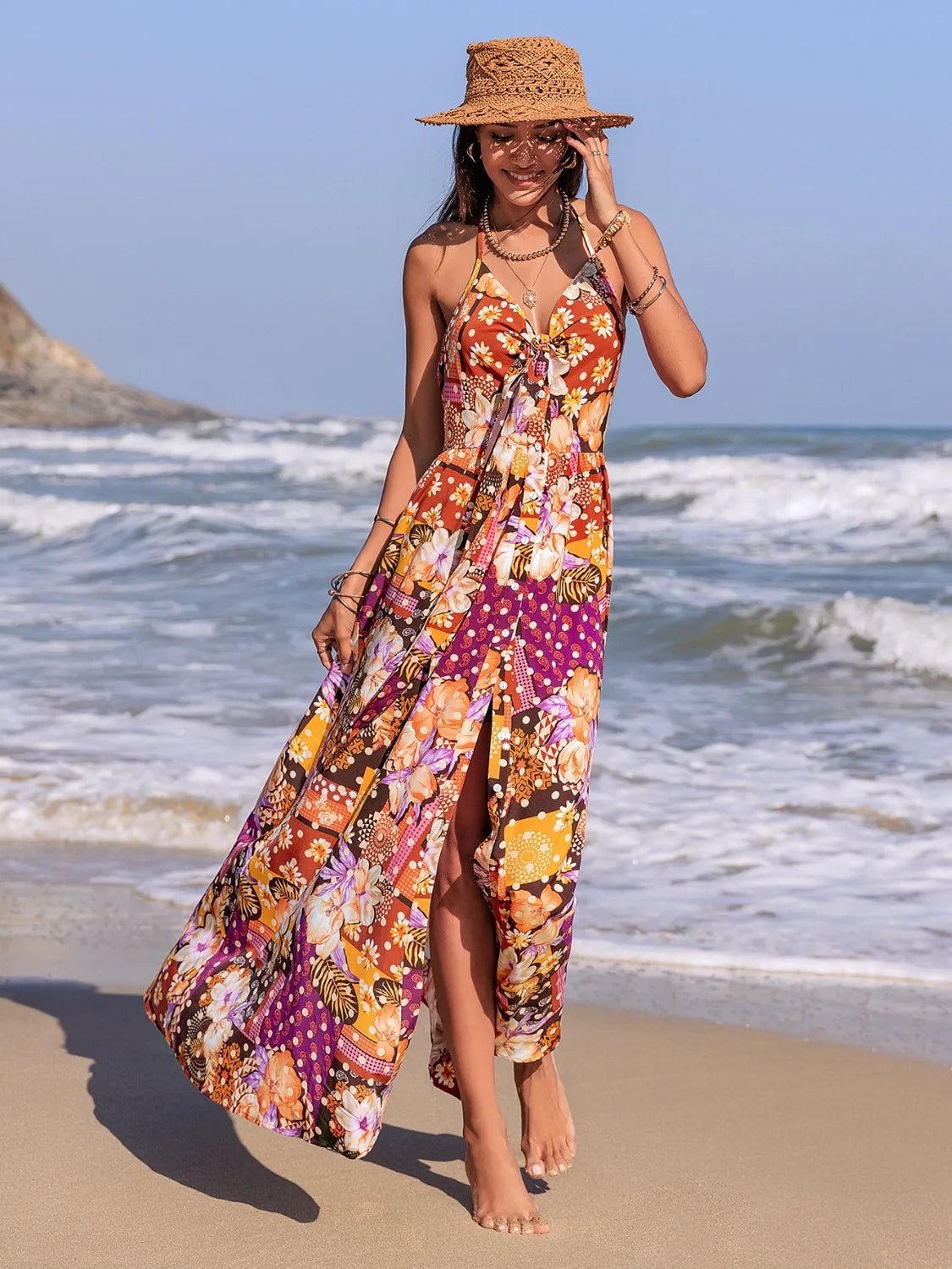 Slit Printed Halter Neck Cami Dress - Goddess Vibes