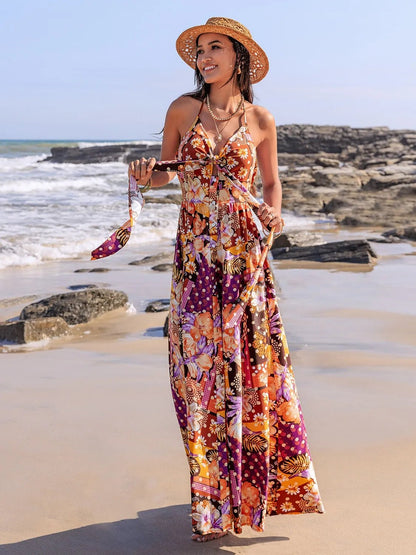 Slit Printed Halter Neck Cami Dress - Goddess Vibes