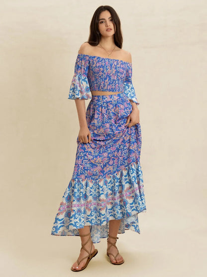 Smocked Off - Shoulder Printed Top and Skirt Set - Goddess Vibes