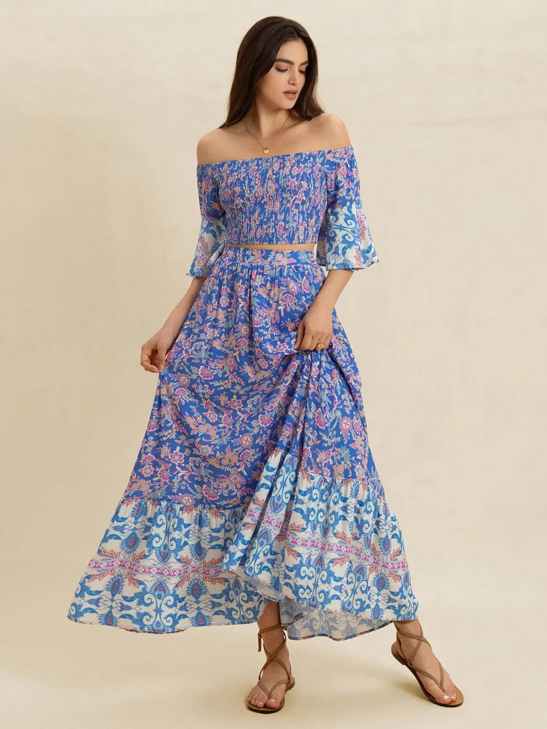 Smocked Off - Shoulder Printed Top and Skirt Set - Goddess Vibes