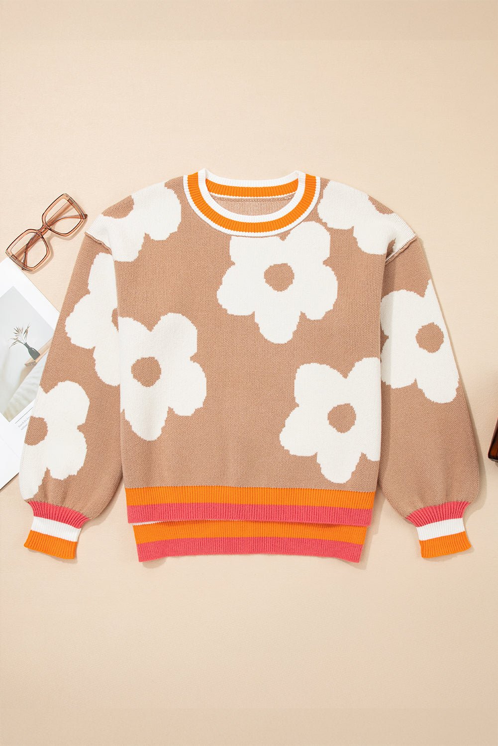 Smoke Gray Big Flower Pattern Contrast Striped Baggy Sweater - Goddess Vibes