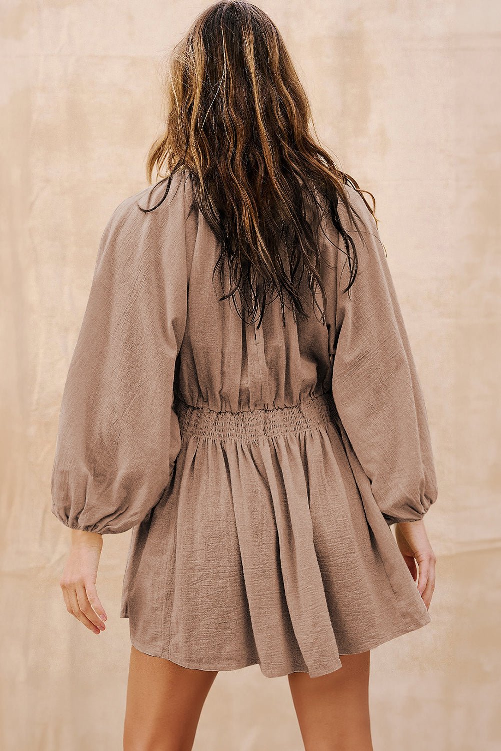 Smoke Gray Deep V Neck Bubble Sleeve Smocked Mini Dress - Goddess Vibes