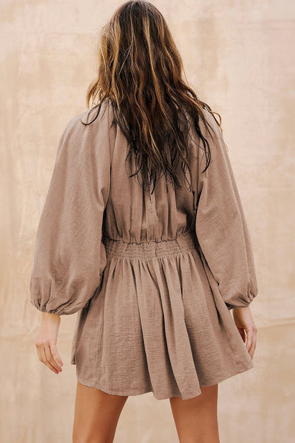 Smoke Gray Deep V Neck Bubble Sleeve Smocked Mini Dress - Goddess Vibes