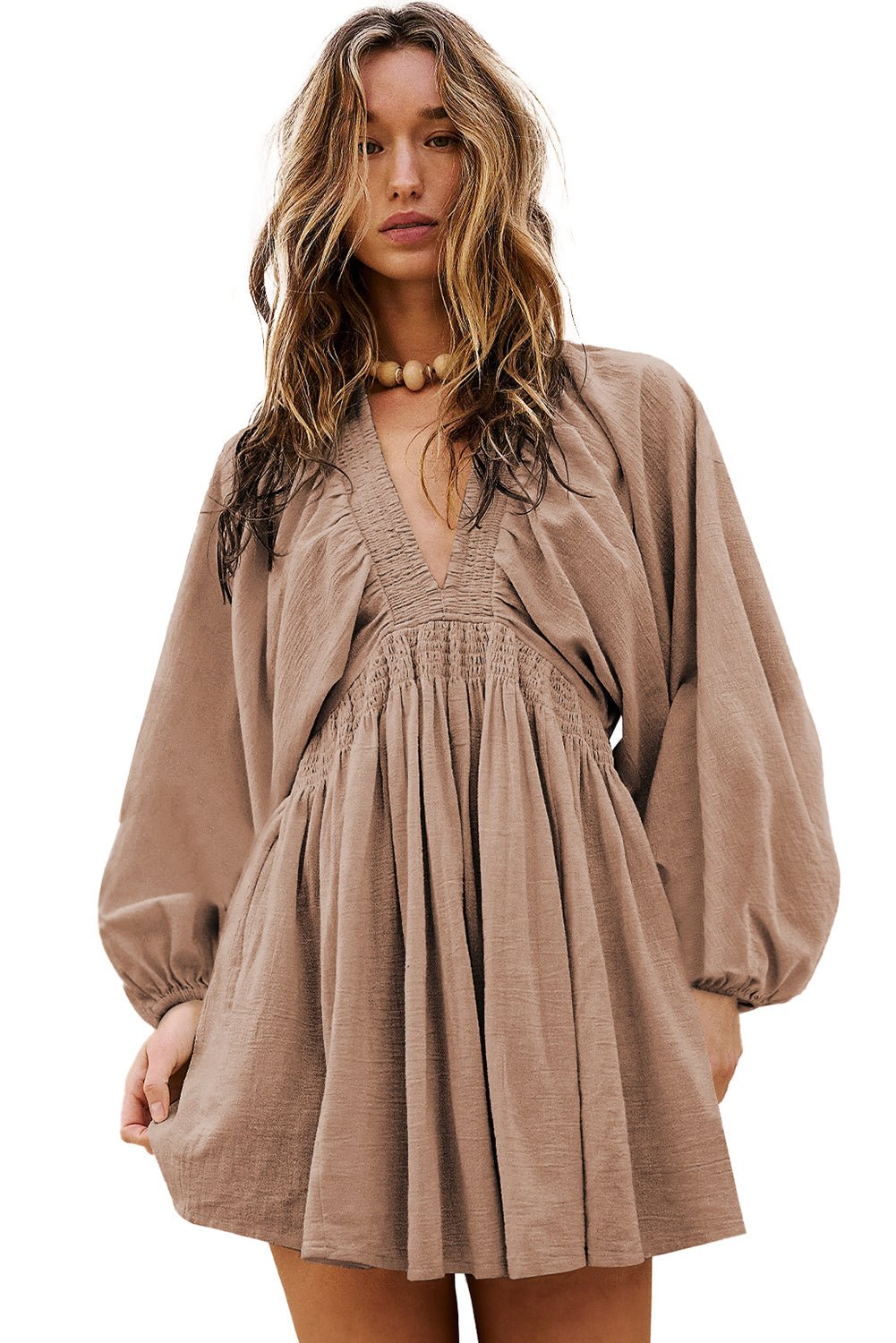 Smoke Gray Deep V Neck Bubble Sleeve Smocked Mini Dress - Goddess Vibes