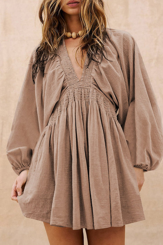 Smoke Gray Deep V Neck Bubble Sleeve Smocked Mini Dress - Goddess Vibes