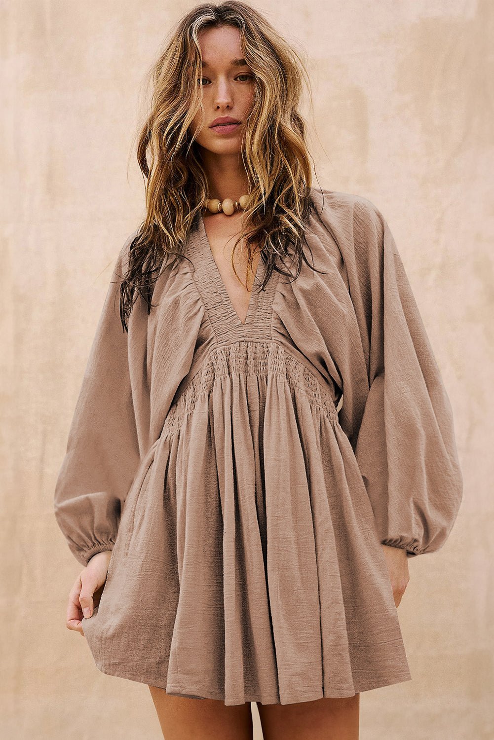 Smoke Gray Deep V Neck Bubble Sleeve Smocked Mini Dress - Goddess Vibes