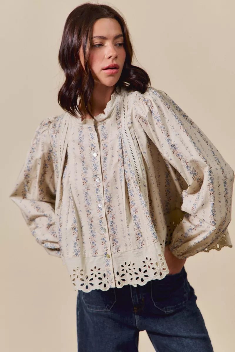 SO ME Floral Print Lace Button Down Shirt - Goddess Vibes