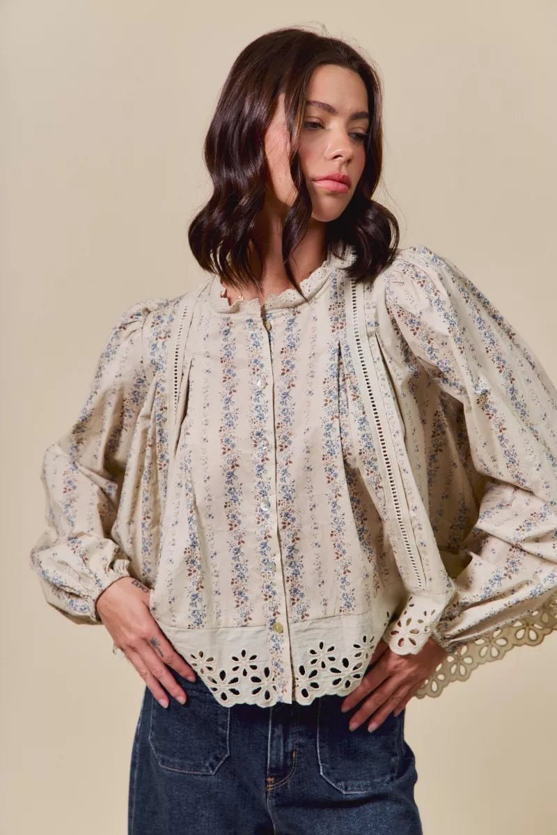 SO ME Floral Print Lace Button Down Shirt - Goddess Vibes