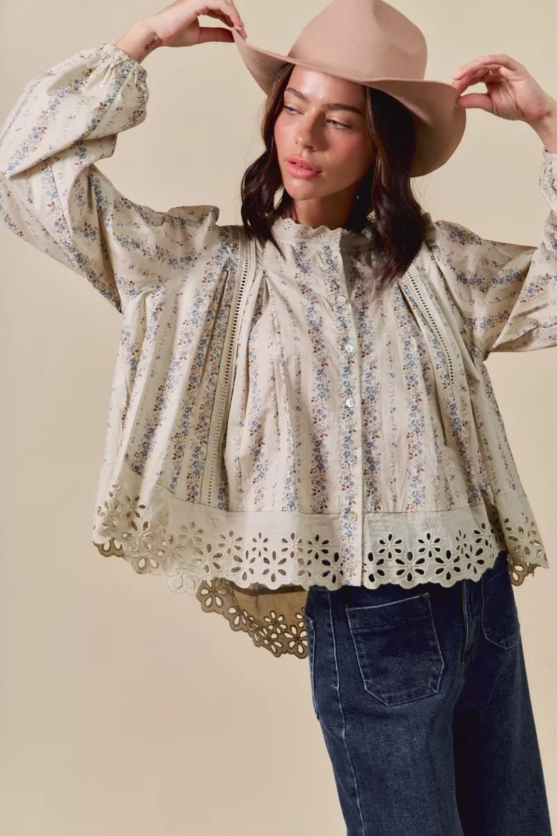 SO ME Floral Print Lace Button Down Shirt - Goddess Vibes