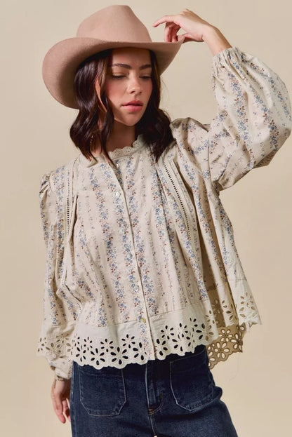 SO ME Floral Print Lace Button Down Shirt - Goddess Vibes