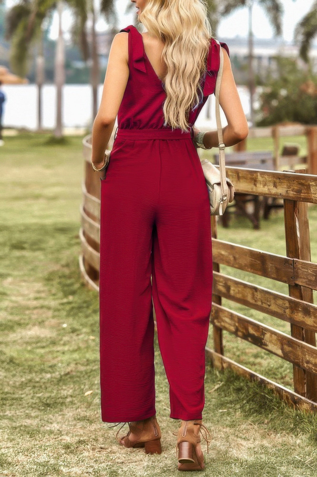 Solid Belt V Neck Wide Leg Fit Jumpsuit - Goddess Vibes
