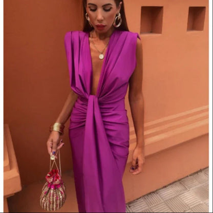 Solid Color Lace High Waist V - neck Dress - Goddess Vibes