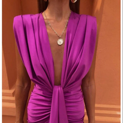 Solid Color Lace High Waist V - neck Dress - Goddess Vibes