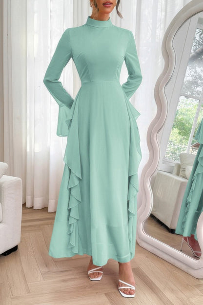 Solid Stand Collar Flare Sleeve Ruffle Full Dress - Goddess Vibes