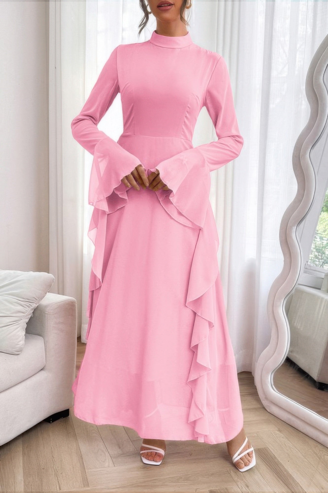 Solid Stand Collar Flare Sleeve Ruffle Full Dress - Goddess Vibes
