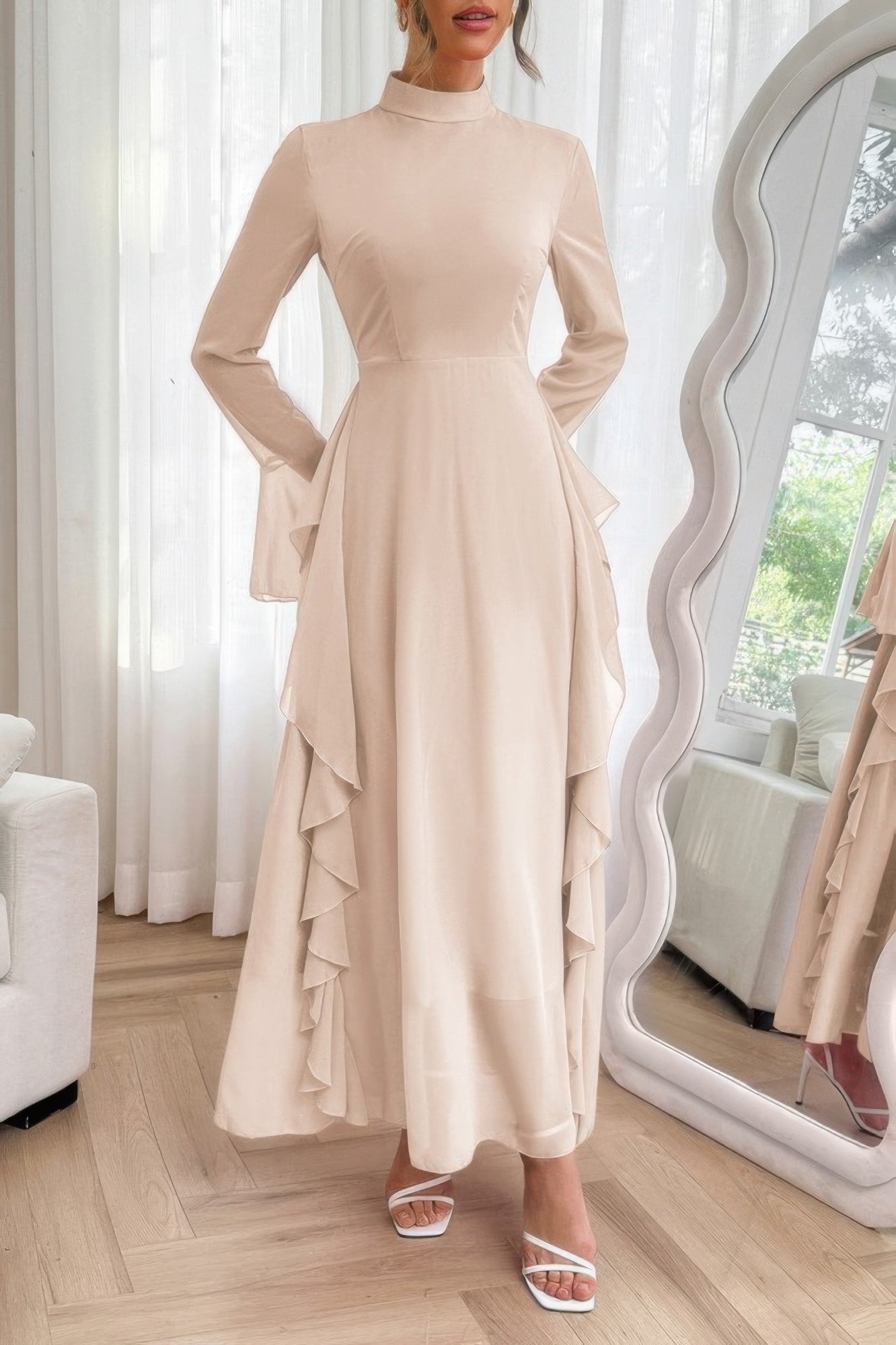 Solid Stand Collar Flare Sleeve Ruffle Full Dress - Goddess Vibes
