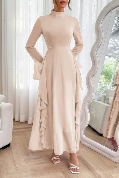 Solid Stand Collar Flare Sleeve Ruffle Full Dress - Goddess Vibes