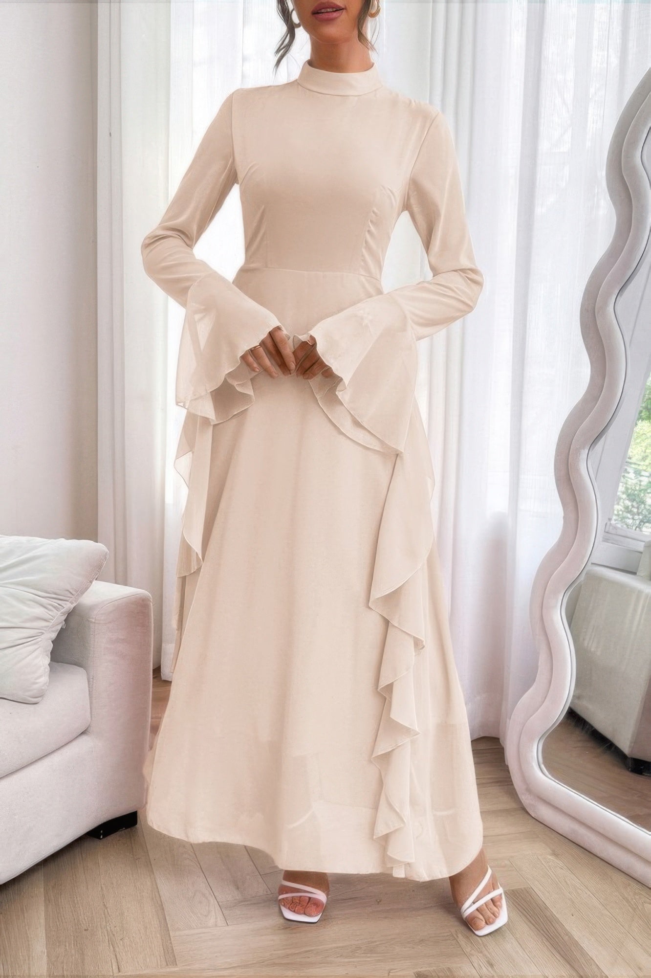Solid Stand Collar Flare Sleeve Ruffle Full Dress - Goddess Vibes