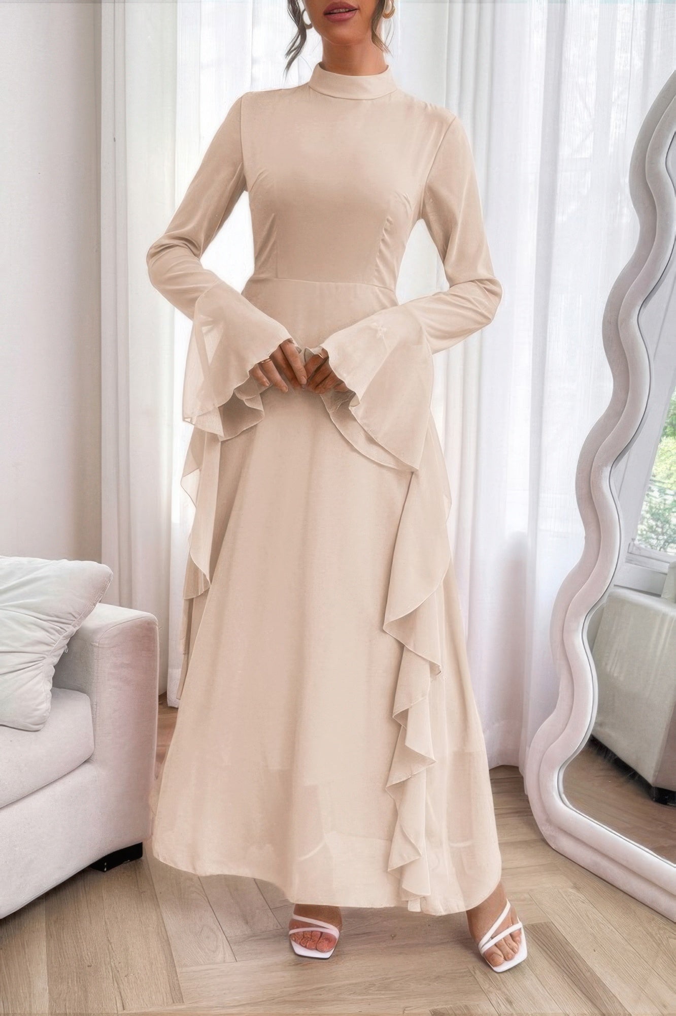Solid Stand Collar Flare Sleeve Ruffle Full Dress - Goddess Vibes