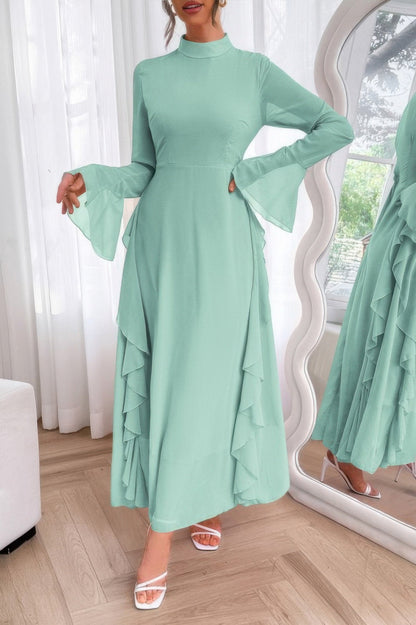 Solid Stand Collar Flare Sleeve Ruffle Full Dress - Goddess Vibes