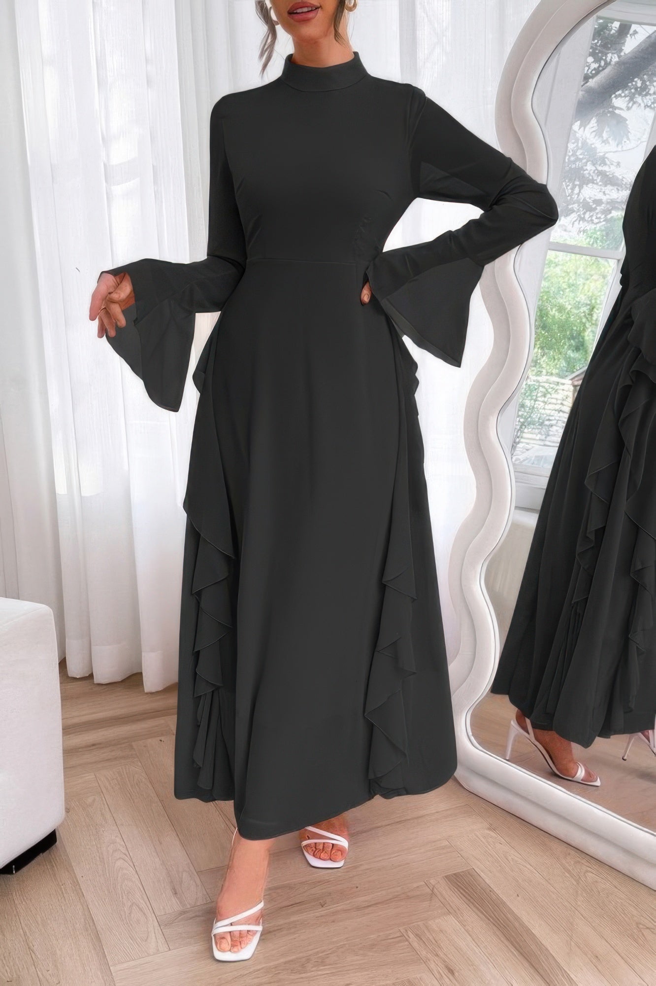 Solid Stand Collar Flare Sleeve Ruffle Full Dress - Goddess Vibes