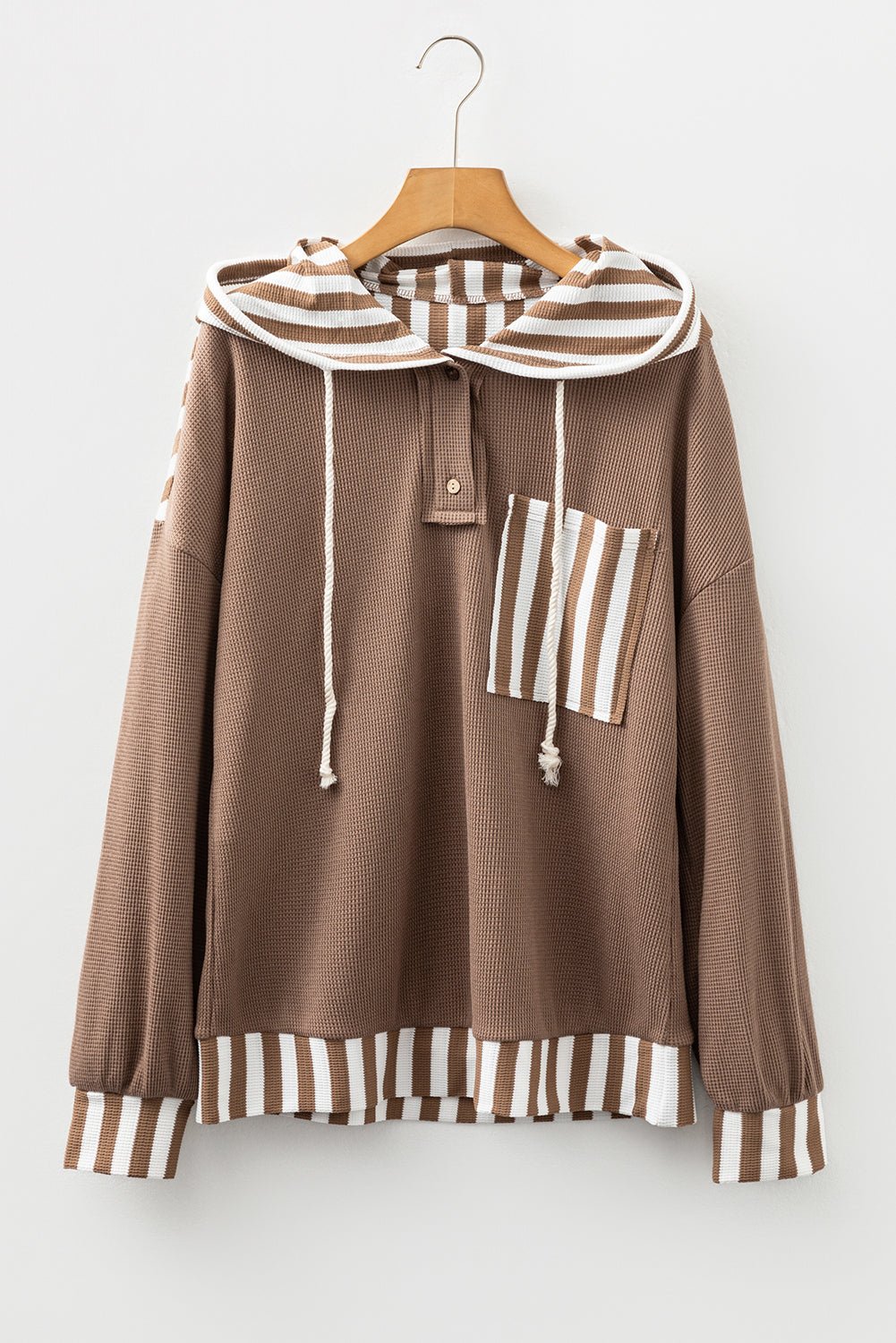 Straw Yellow Waffle Texture Striped Patchwork Button Neck Drawstring Hoodie - Goddess Vibes