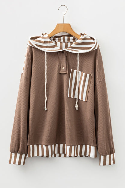 Straw Yellow Waffle Texture Striped Patchwork Button Neck Drawstring Hoodie - Goddess Vibes