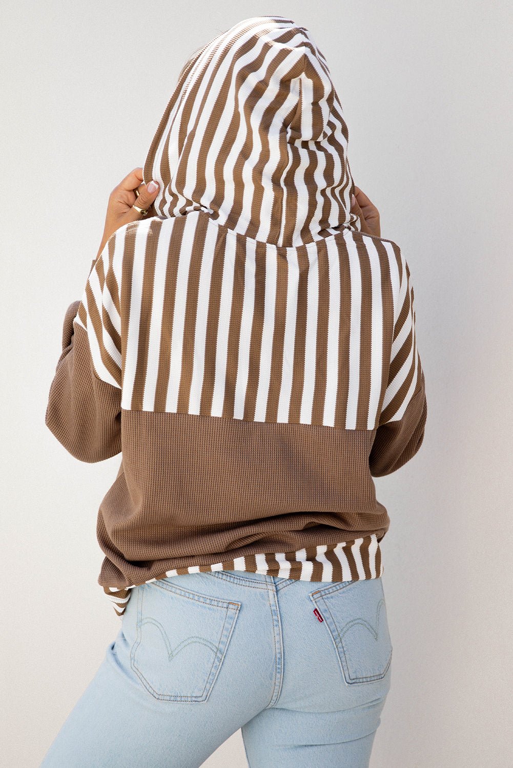 Straw Yellow Waffle Texture Striped Patchwork Button Neck Drawstring Hoodie - Goddess Vibes