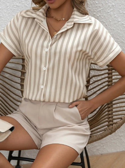 Striped Collared Neck Short Sleeve Shirt - Goddess Vibes