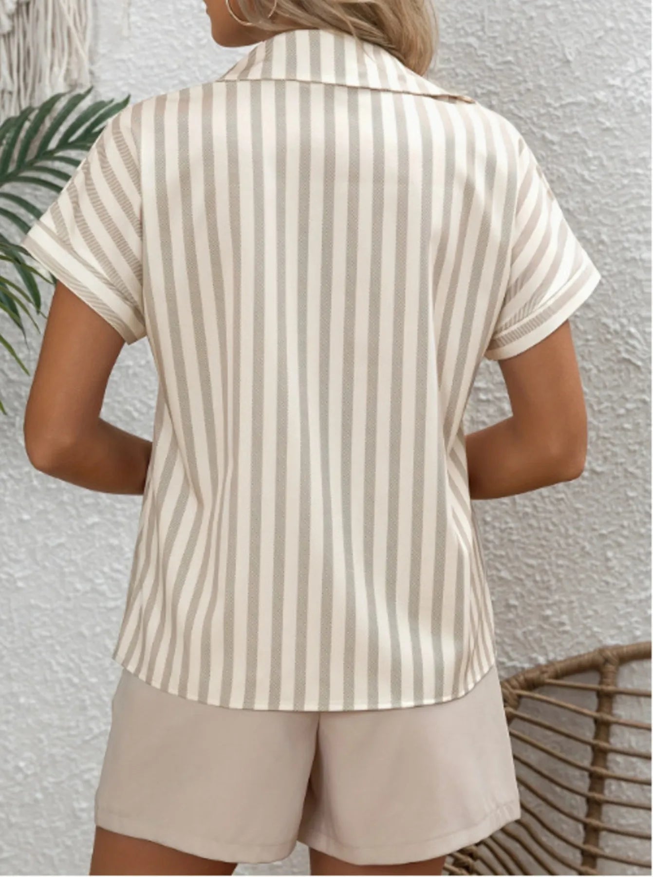 Striped Collared Neck Short Sleeve Shirt - Goddess Vibes
