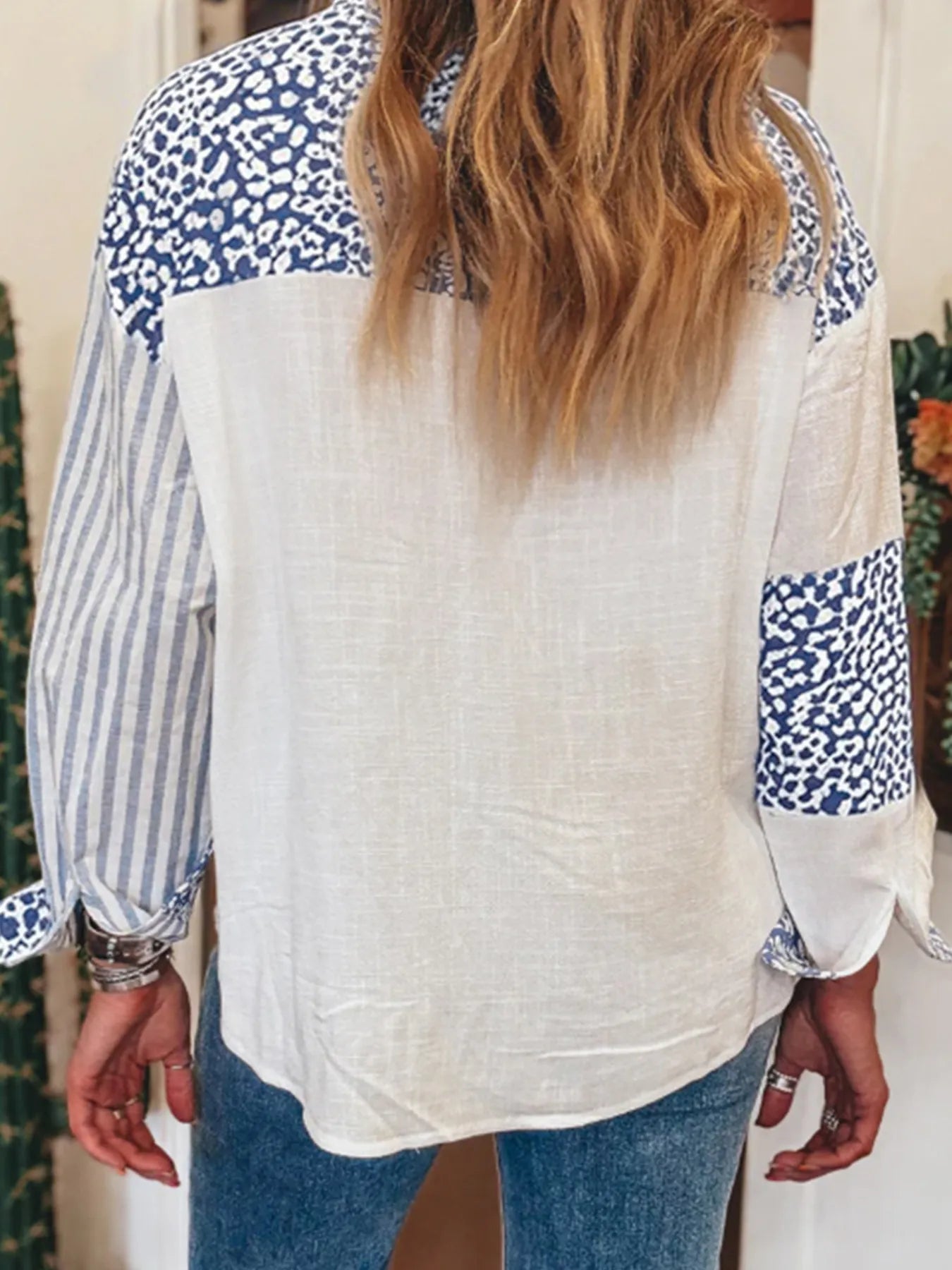 Striped Patchwork Button Down Shirt with Leopard Print Details - Goddess Vibes
