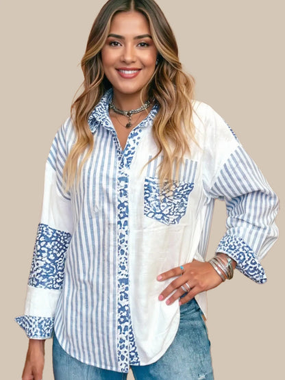 Striped Patchwork Button Down Shirt with Leopard Print Details - Goddess Vibes