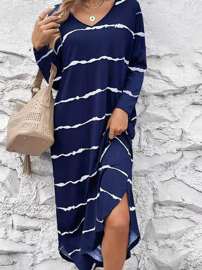 Striped V - Neck Long Sleeve Dress - Goddess Vibes