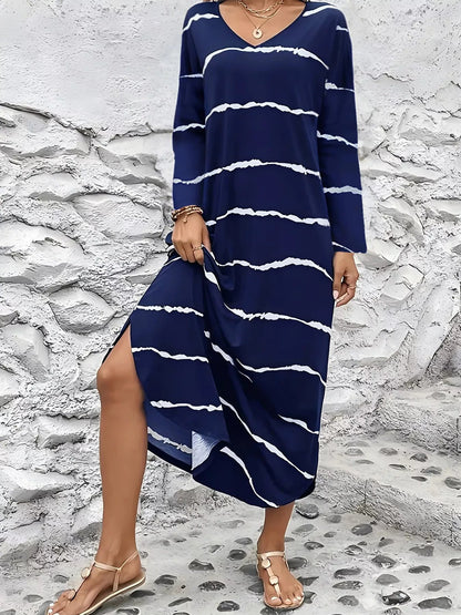 Striped V - Neck Long Sleeve Dress - Goddess Vibes