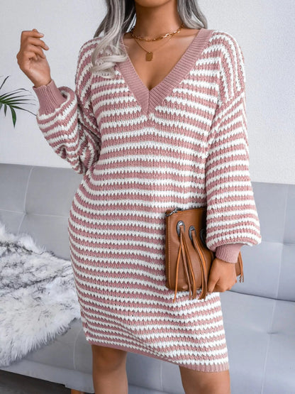 Striped V - Neck Long Sleeve Sweater Dress - Goddess Vibes
