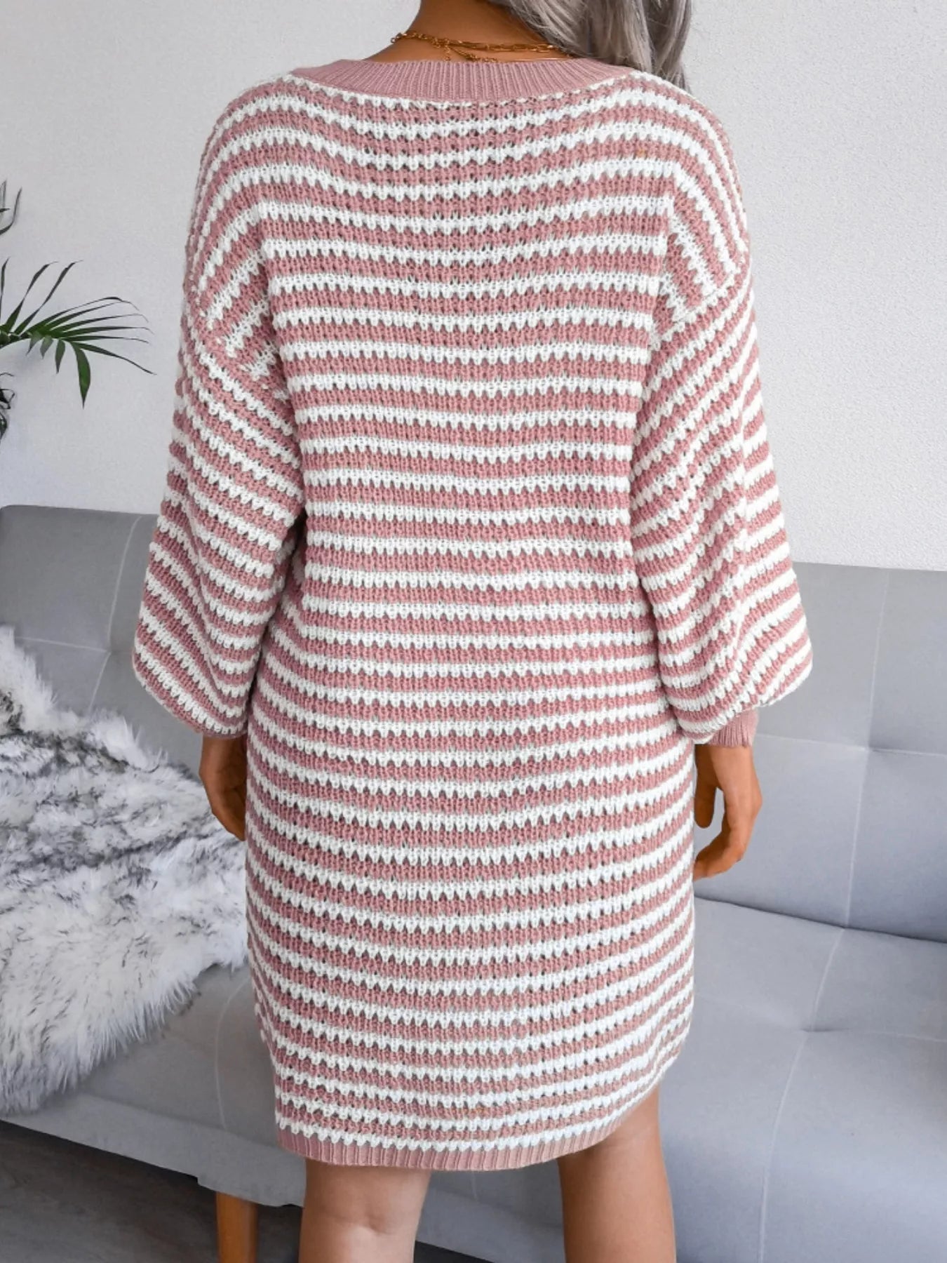 Striped V - Neck Long Sleeve Sweater Dress - Goddess Vibes