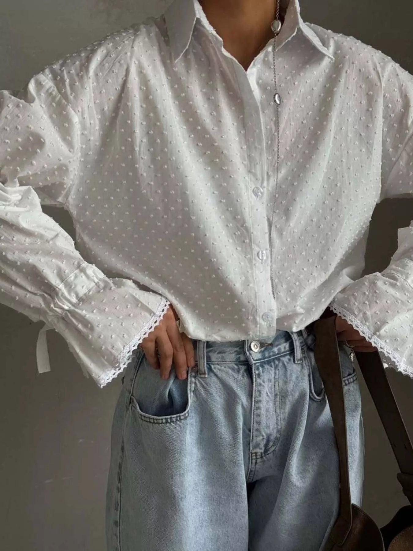 Swiss Dot Flounce Sleeve Shirt - Goddess Vibes