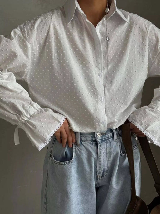 Swiss Dot Flounce Sleeve Shirt - Goddess Vibes