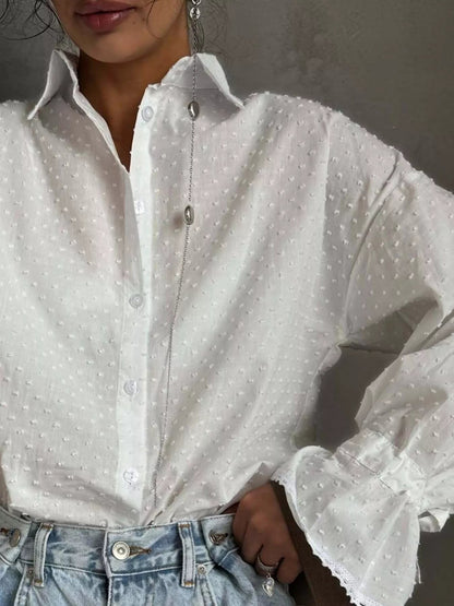 Swiss Dot Flounce Sleeve Shirt - Goddess Vibes