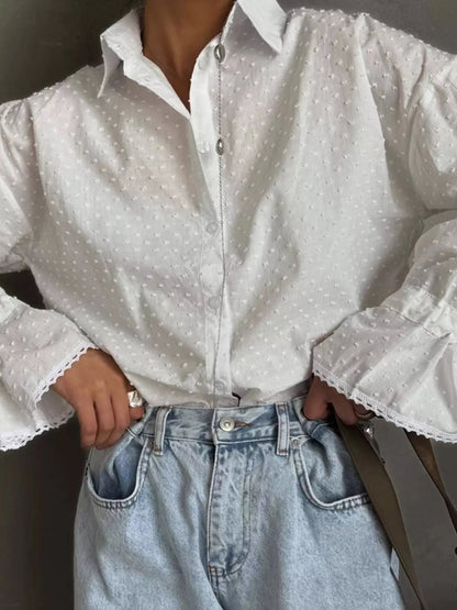 Swiss Dot Flounce Sleeve Shirt - Goddess Vibes