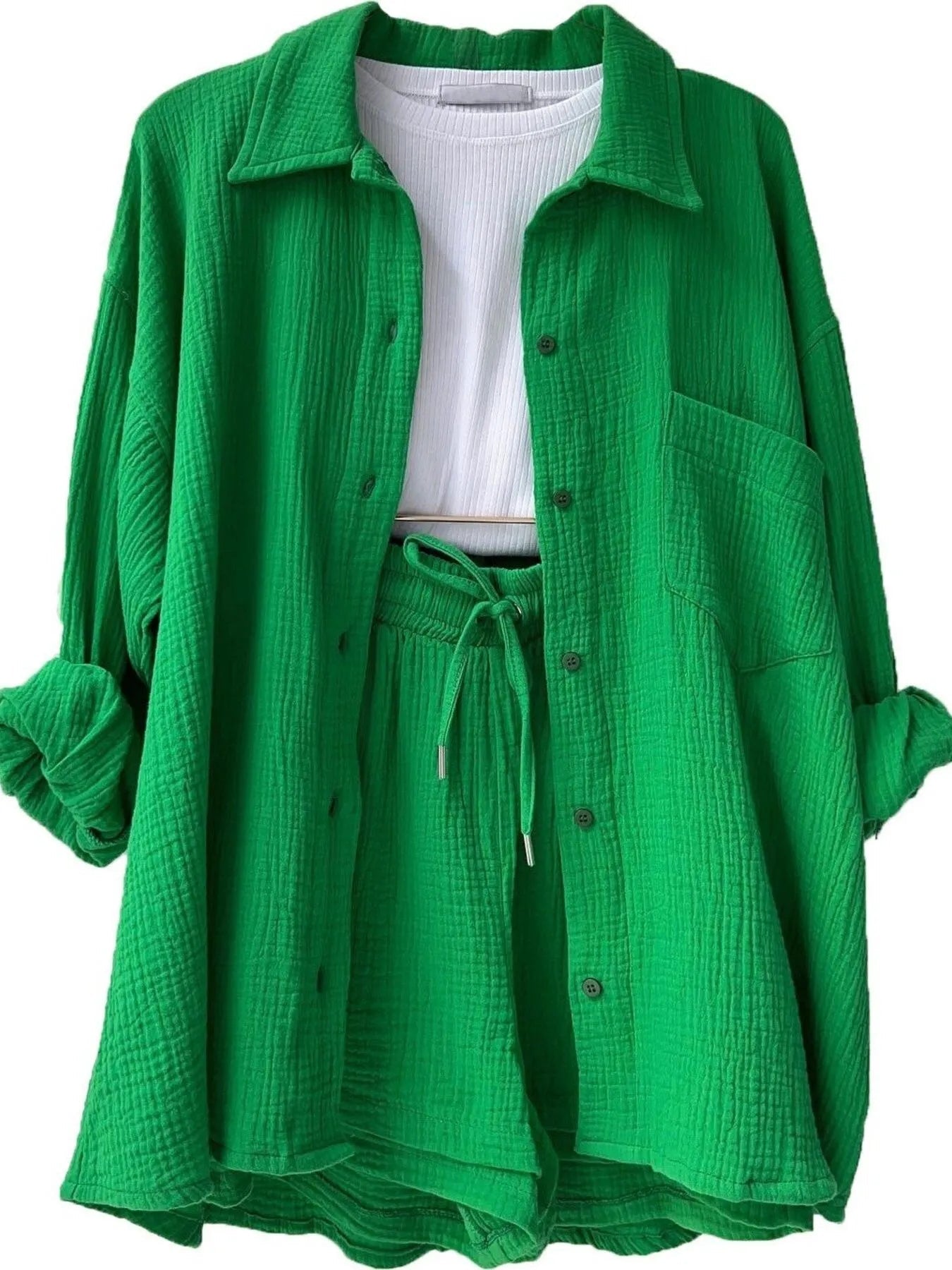 Textured Button Up Shirt and Shorts Set - Goddess Vibes