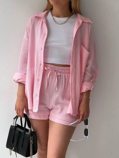 Textured Button Up Shirt and Shorts Set - Goddess Vibes