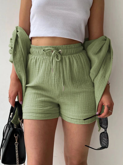 Textured Button Up Shirt and Shorts Set - Goddess Vibes