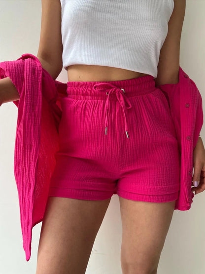 Textured Button Up Shirt and Shorts Set - Goddess Vibes