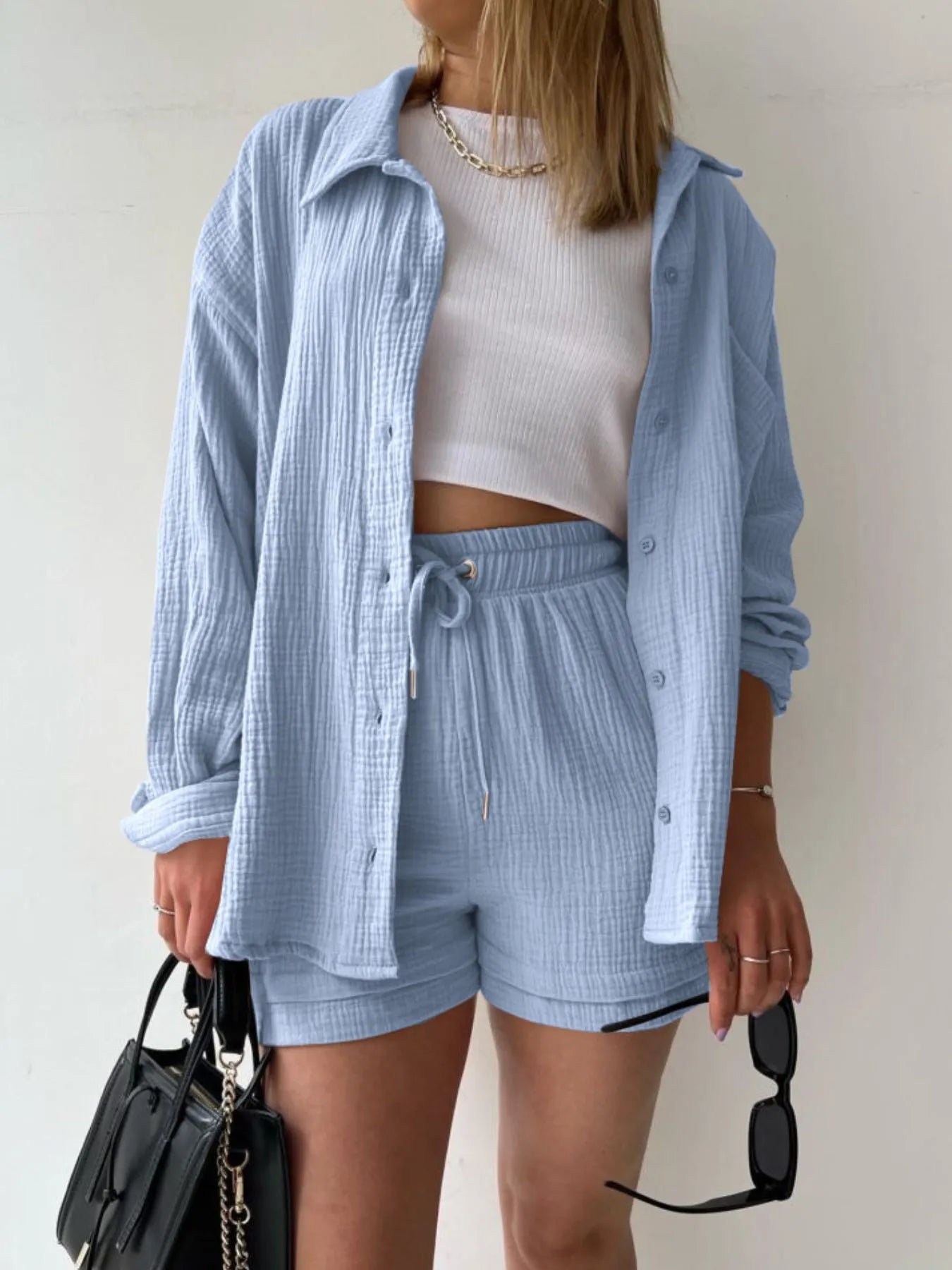 Textured Button Up Shirt and Shorts Set - Goddess Vibes