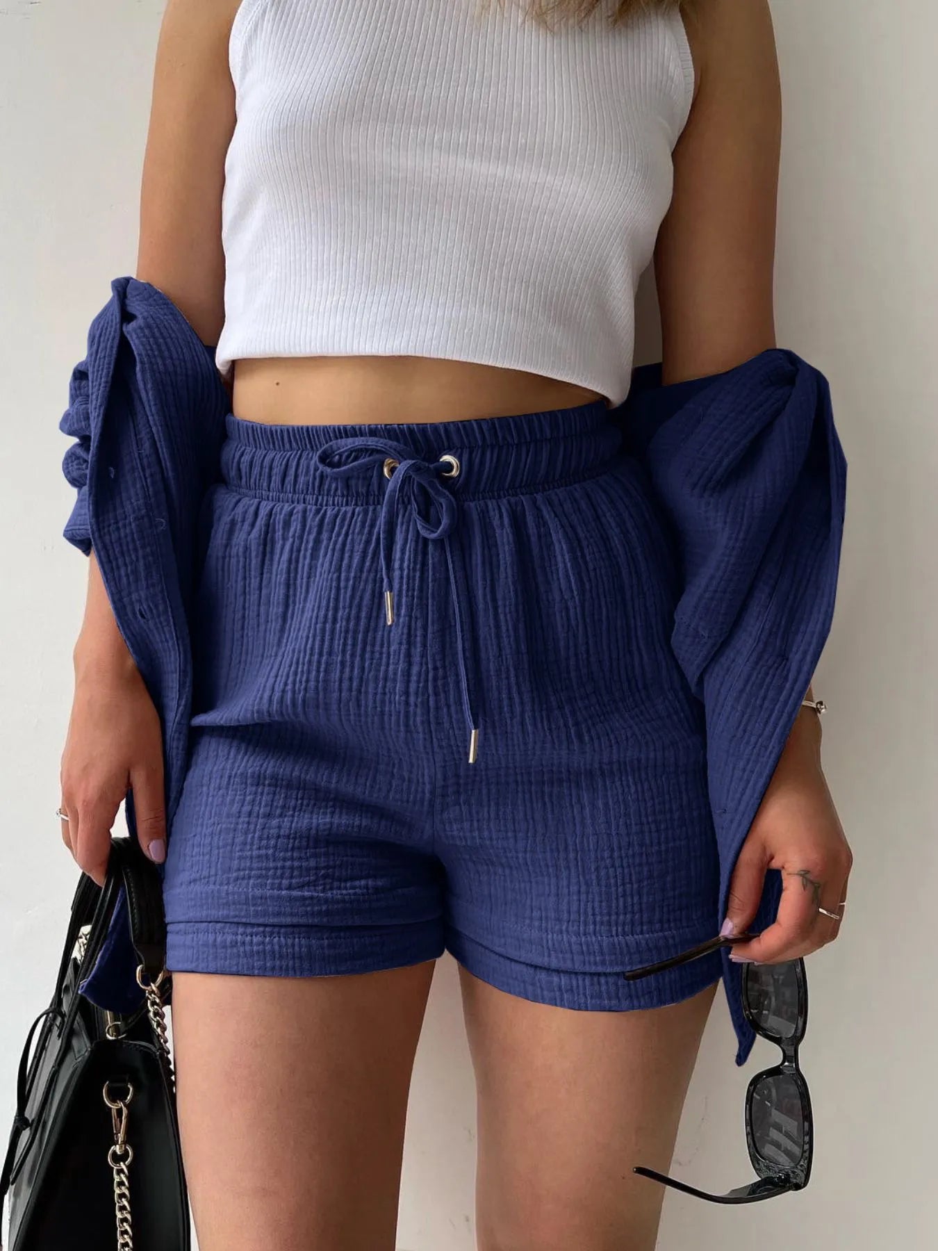 Textured Button Up Shirt and Shorts Set - Goddess Vibes